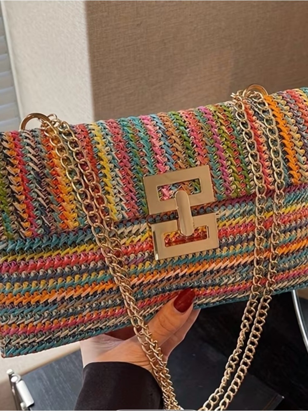 Multicolor Woven Chain-Handle Shoulder Bag